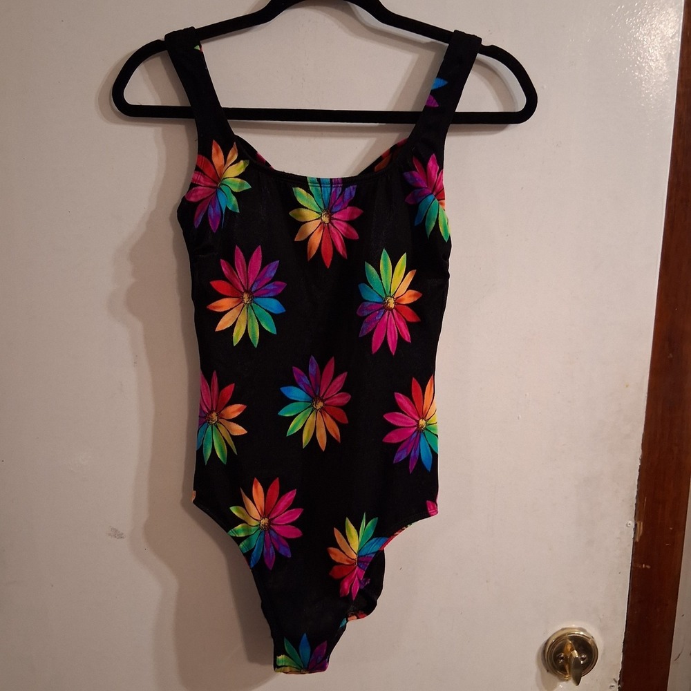 Vtg 80s Robby Len Rainbow Black NEON Floral One Piece Swimsuit 10 EVC